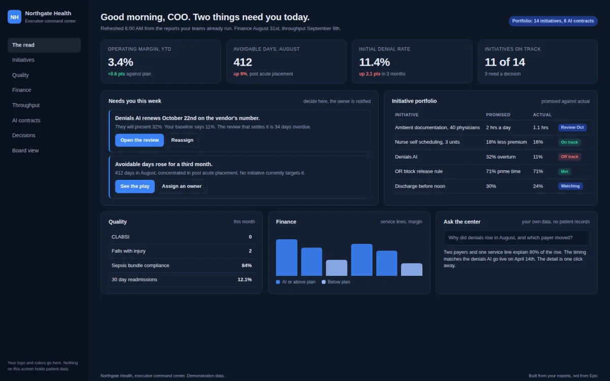 An executive command center on a hospital's own screen: two decisions that need the COO today, the initiative portfolio, quality, finance and a question box