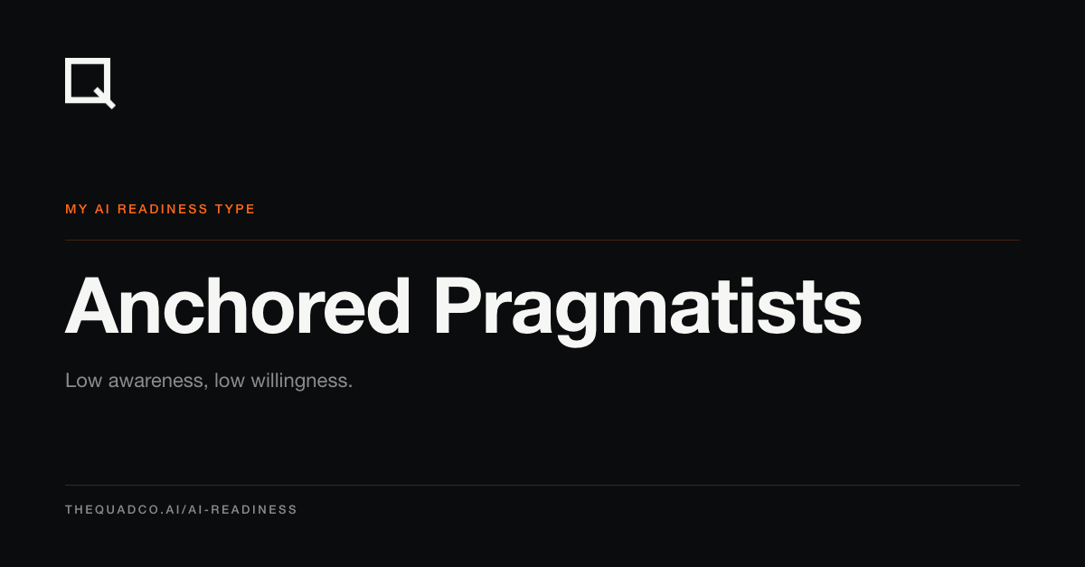 AI Readiness Type card: Anchored Pragmatists. Low awareness, low willingness.