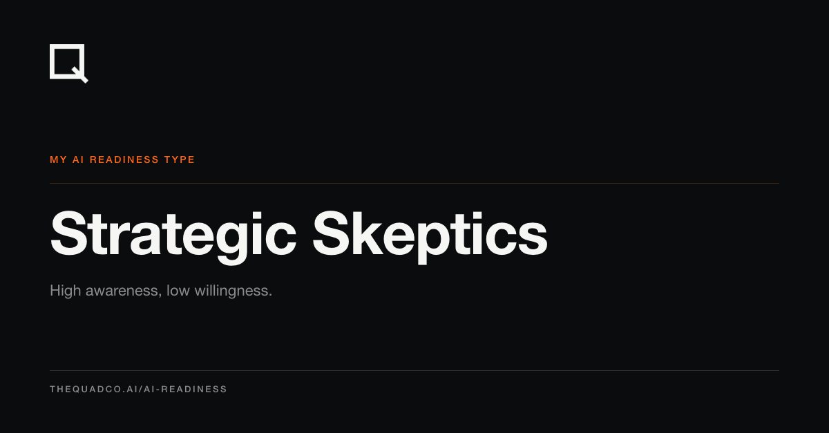 AI Readiness Type card: Strategic Skeptics. High awareness, low willingness.